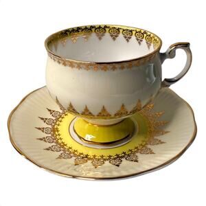 Rosina Footed Tea Cup Saucer Set Gold Footed Yellow England 1940s Bone China VTG